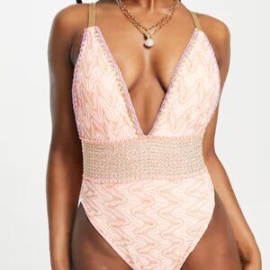 NWOT River Island Chevron Plunge Swimsuit in Coral Women's Size 6